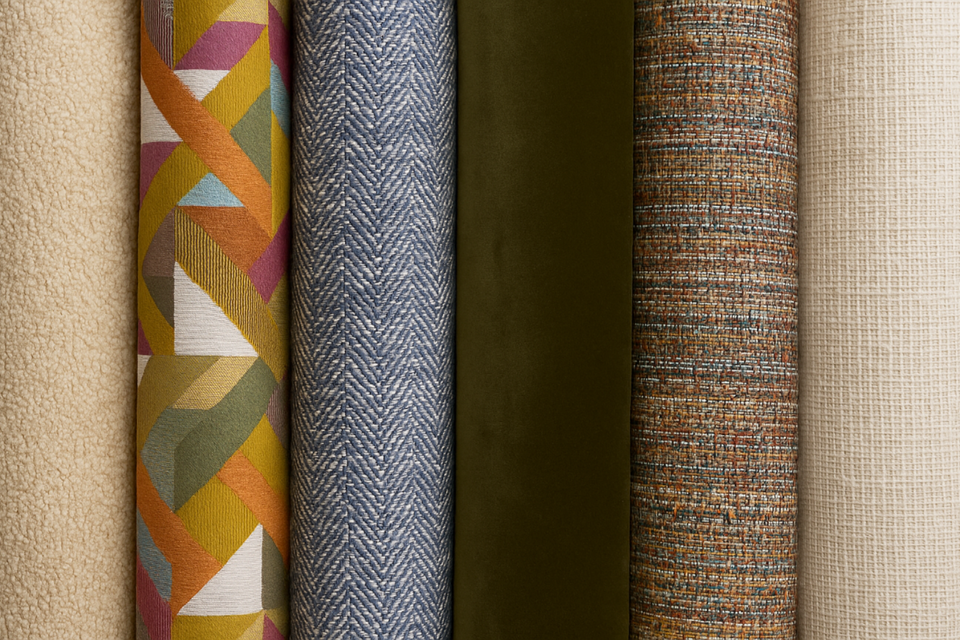 Collection of various fabric swatches with different textures and patterns.