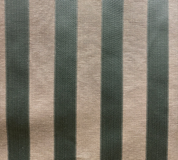 A fabric with vertical stripes in beige and gray colors, likely used for upholstery or drapery.