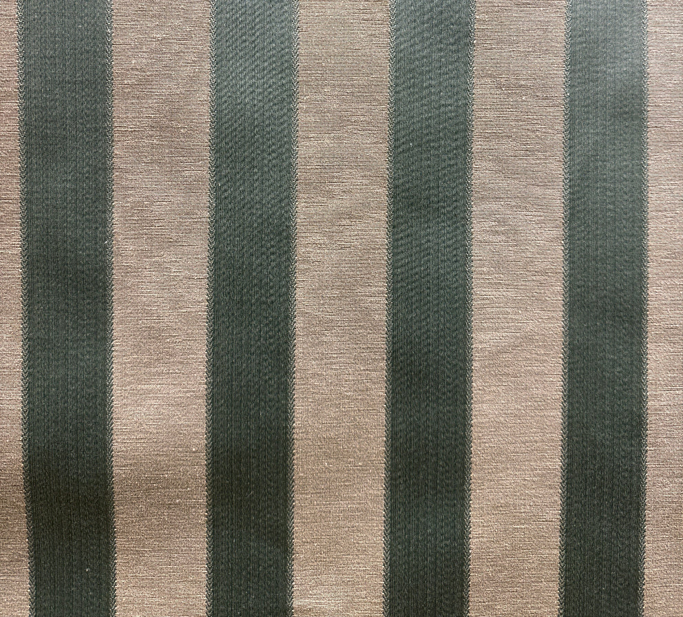 A fabric with vertical stripes in beige and gray colors, likely used for upholstery or drapery.