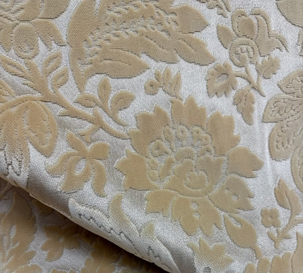 Close-up of beige floral damask fabric
