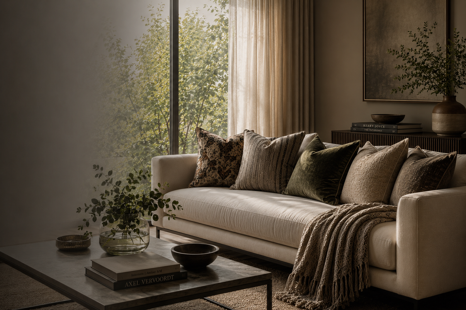 Cozy living room with a beige sofa, decorative pillows, and a coffee table with books and a plant.