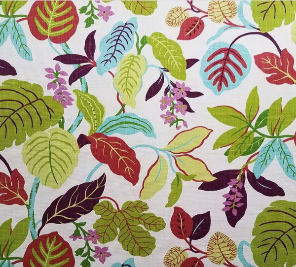 A floral printed linen fabric featuring a variety of colors including green, red, and purple, with a pattern of leaves and small flowers.
